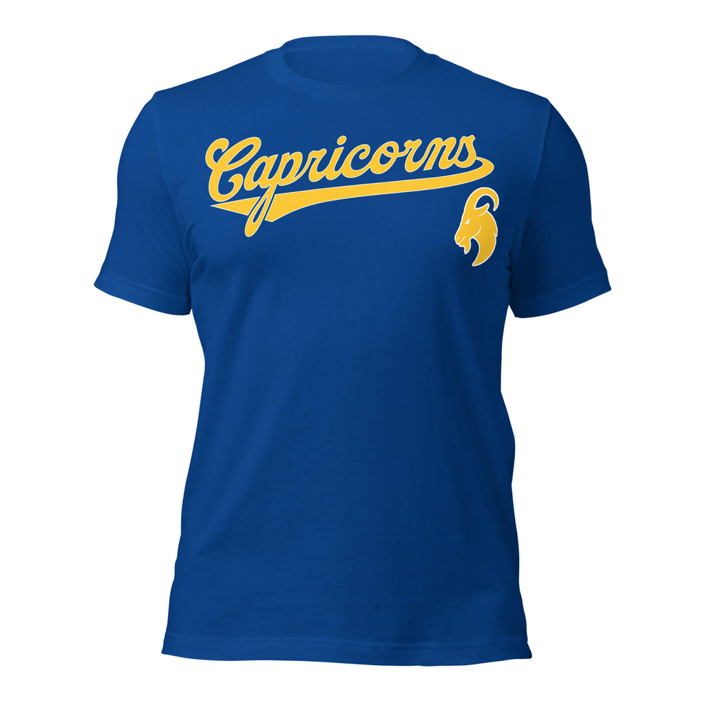 Capricorn zodiac sports graphic t-shirt, blue with gold ink, unisex athletic astrology apparel, front flat lay