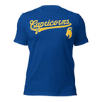 Capricorn zodiac sports graphic t-shirt, blue with gold ink, unisex athletic astrology apparel, front flat lay