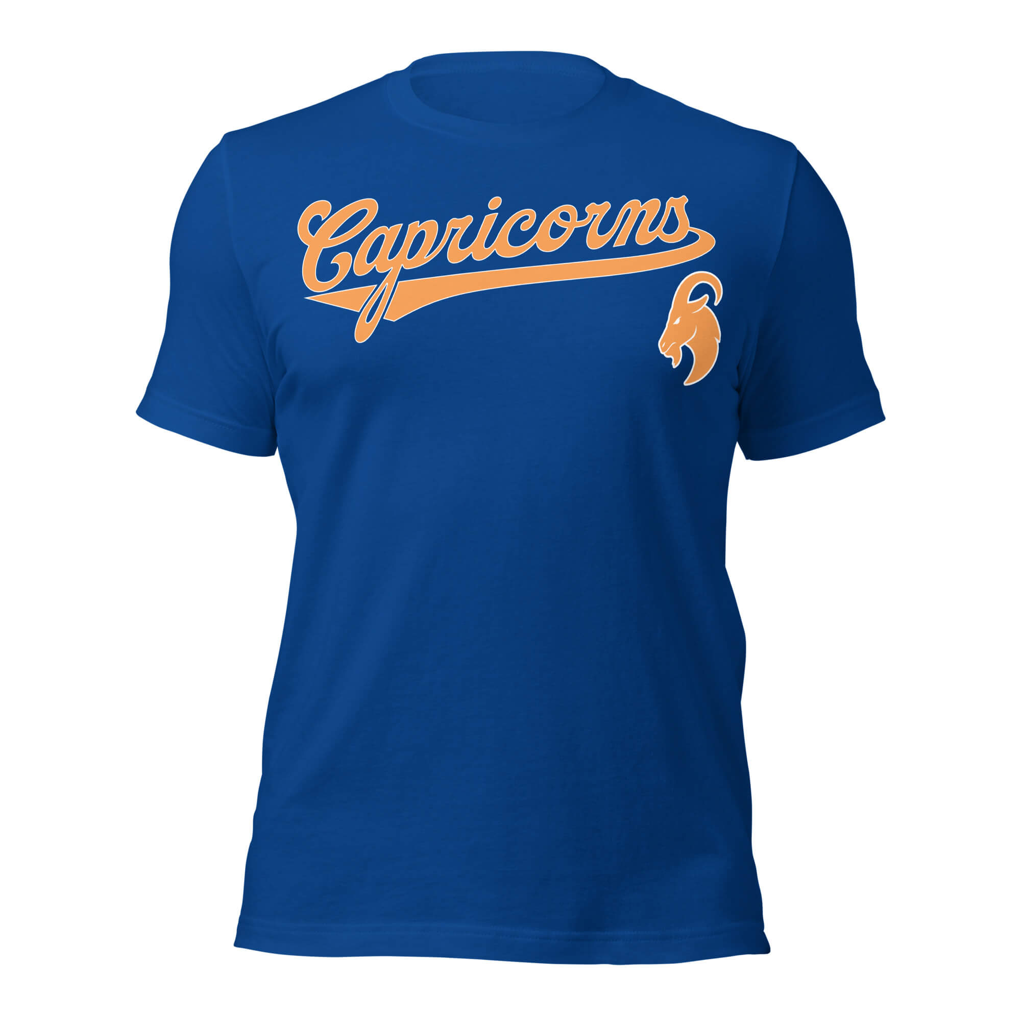 Capricorn zodiac sports graphic t-shirt, blue with orange ink, unisex athletic astrology apparel, front flat lay