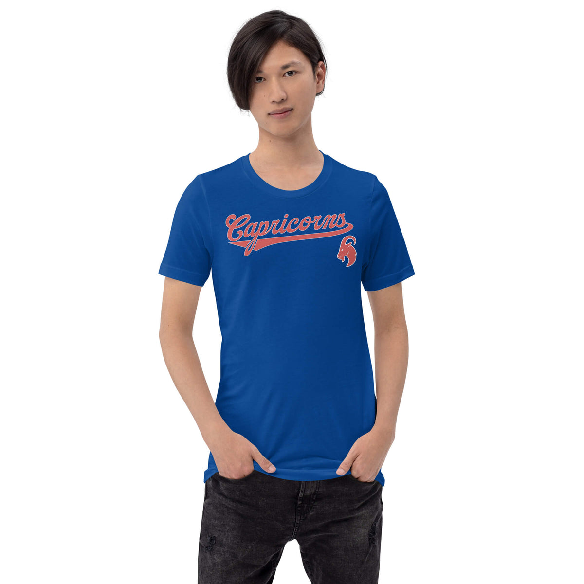 Person wearing a blue t-shirt with 'Capricorn' logo on a white background