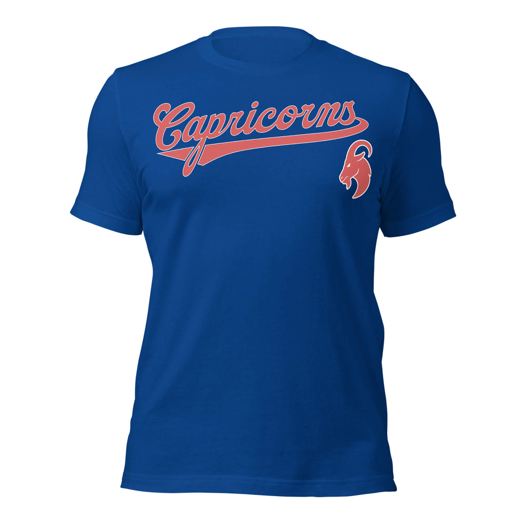 Capricorn zodiac sports graphic t-shirt, blue with red ink, unisex athletic astrology apparel, front flat lay