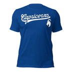 Capricorn zodiac sports graphic t-shirt, blue with white ink, unisex athletic astrology apparel, front flat lay