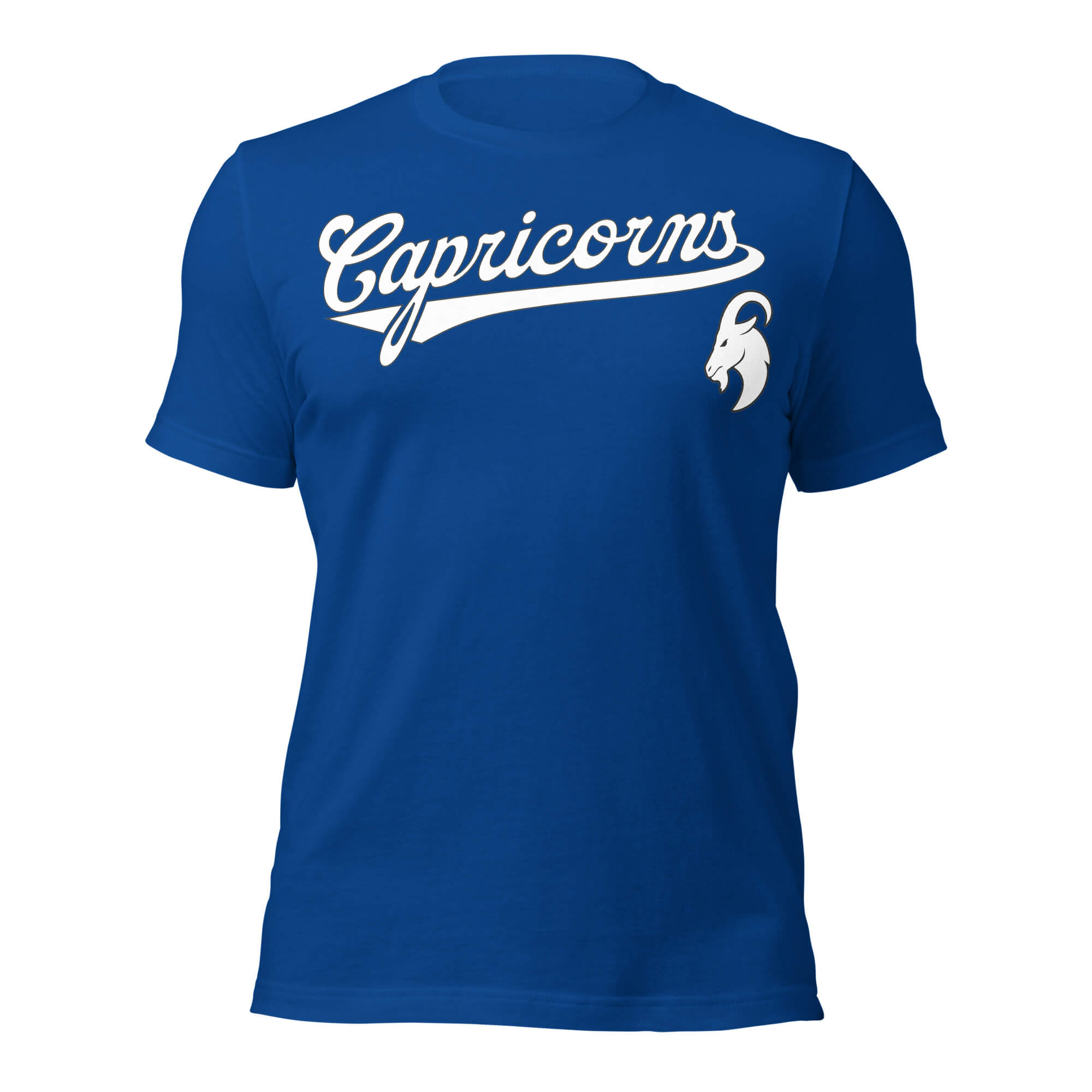 Capricorn zodiac sports graphic t-shirt, blue with white ink, unisex athletic astrology apparel, front flat lay