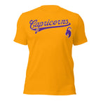 Capricorn zodiac sports graphic t-shirt, gold with purple ink, unisex athletic astrology apparel, front flat lay