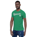 Man wearing a green t-shirt with 'Capricorns' text on a white background