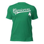 Capricorn zodiac sports graphic t-shirt, green with white ink, unisex athletic astrology apparel, front flat lay