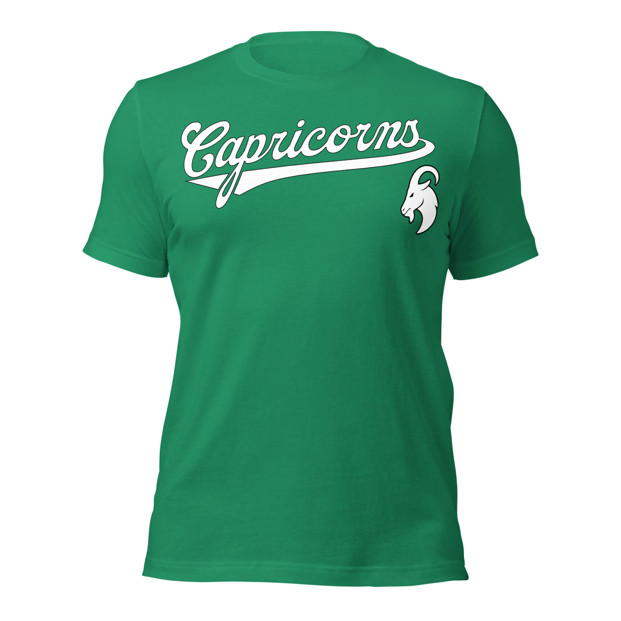 Capricorn zodiac sports graphic t-shirt, green with white ink, unisex athletic astrology apparel, front flat lay