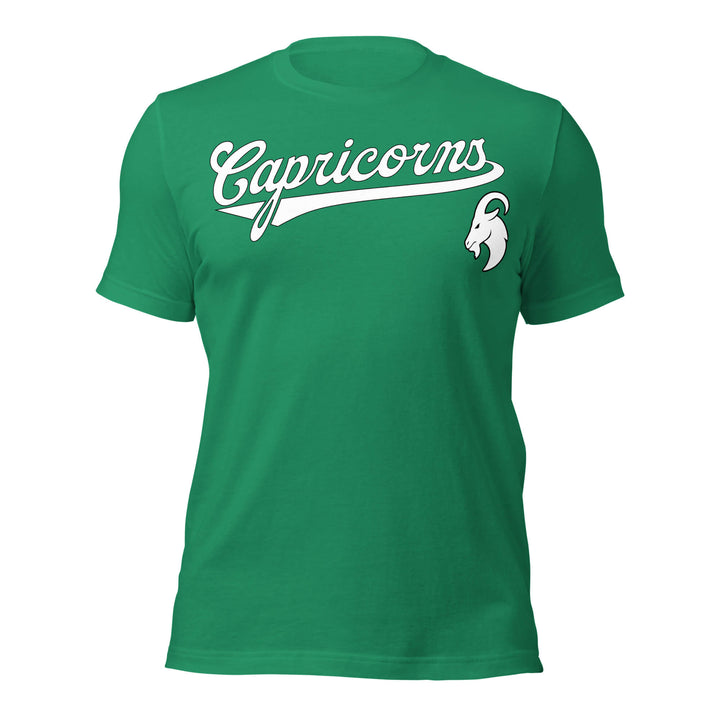 Capricorn zodiac sports graphic t-shirt, green with white ink, unisex athletic astrology apparel, front flat lay