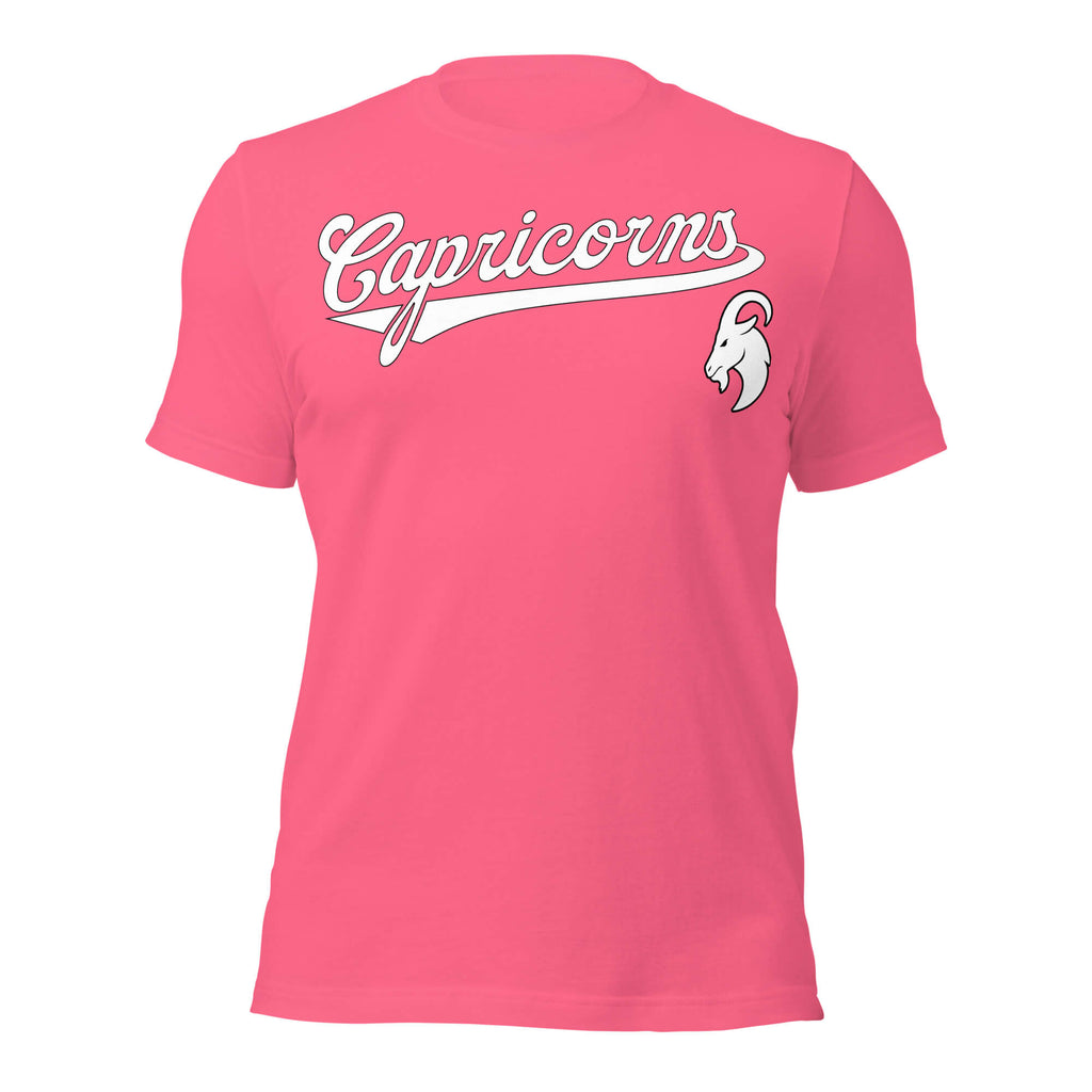 Capricorn zodiac sports graphic t-shirt, pink with white ink, unisex athletic astrology apparel, front flat lay