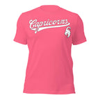 Capricorn zodiac sports graphic t-shirt, pink with white ink, unisex athletic astrology apparel, front flat lay
