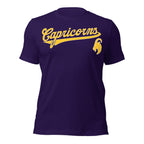 Capricorn zodiac sports graphic t-shirt, purple with gold ink, unisex athletic astrology apparel, front flat lay