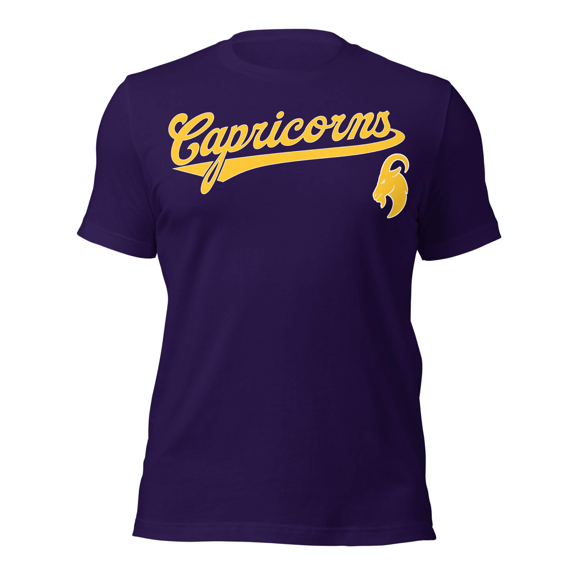 Capricorn zodiac sports graphic t-shirt, purple with gold ink, unisex athletic astrology apparel, front flat lay