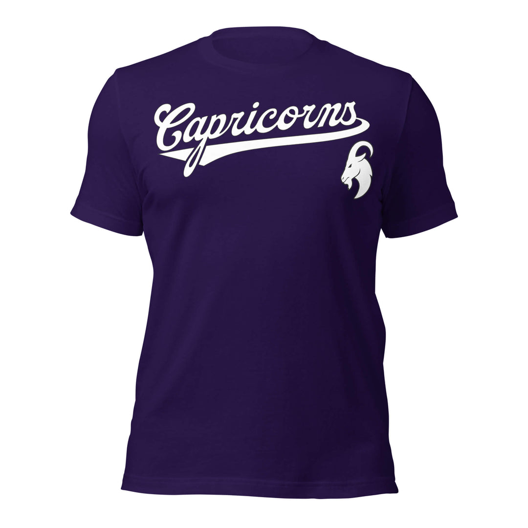 Capricorn zodiac sports graphic t-shirt, purple with white ink, unisex athletic astrology apparel, front flat lay