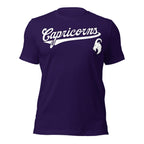 Capricorn zodiac sports graphic t-shirt, purple with white ink, unisex athletic astrology apparel, front flat lay