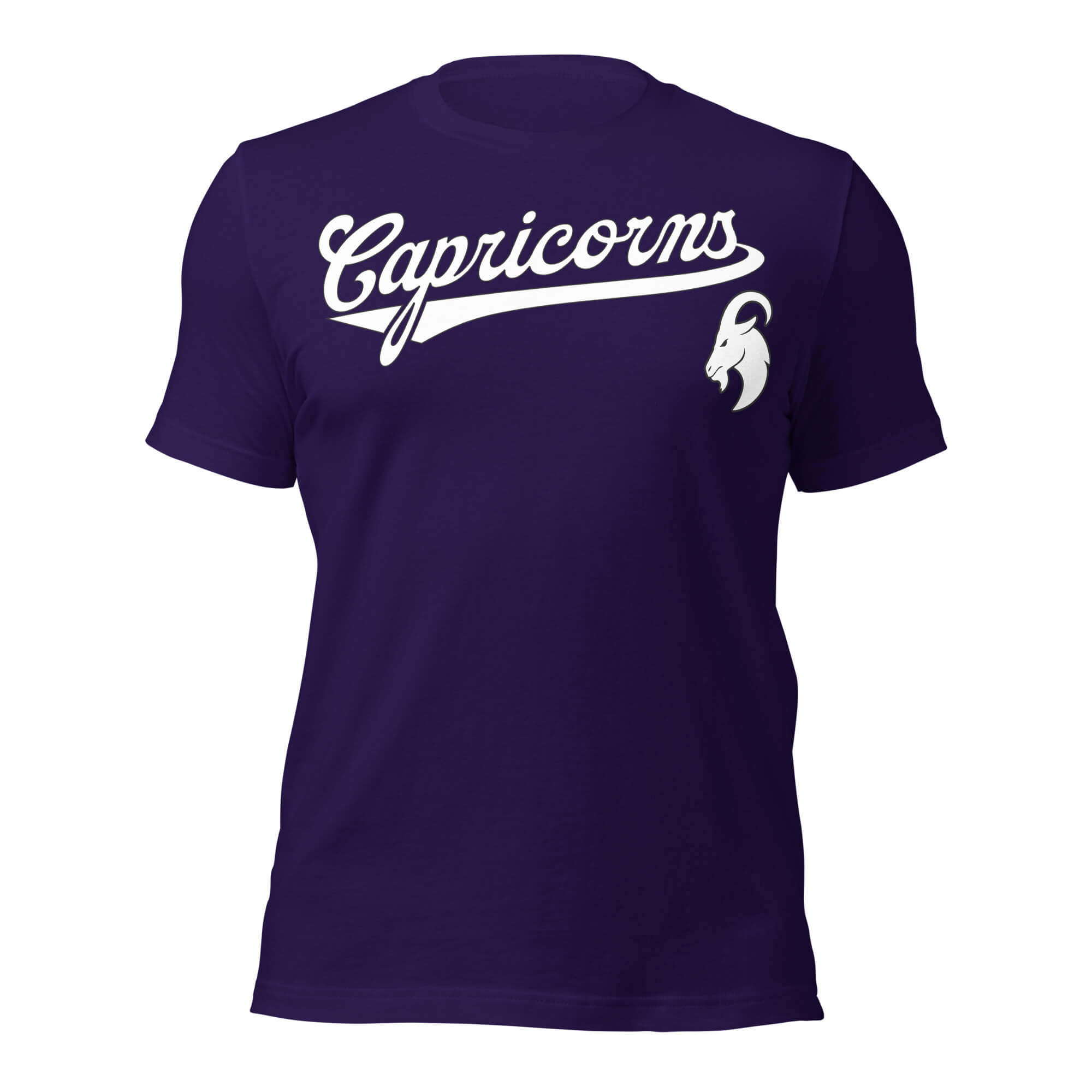 Capricorn zodiac sports graphic t-shirt, purple with white ink, unisex athletic astrology apparel, front flat lay