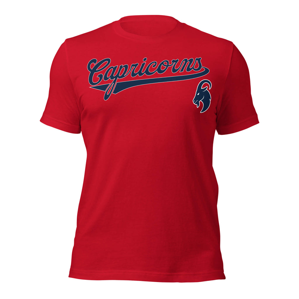 Capricorn zodiac sports graphic t-shirt, red with blue ink, unisex athletic astrology apparel, front flat lay