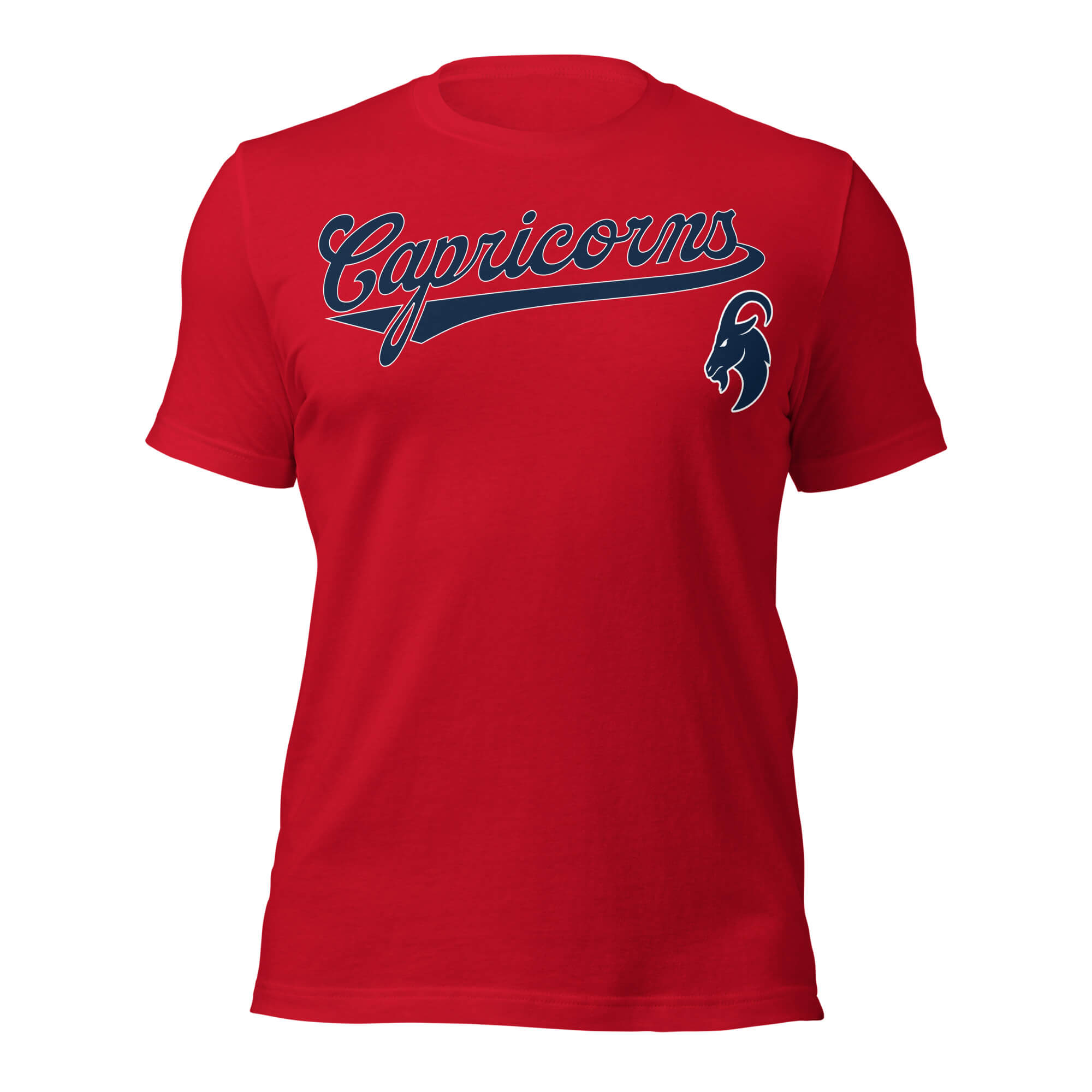 Capricorn zodiac sports graphic t-shirt, red with blue ink, unisex athletic astrology apparel, front flat lay