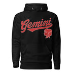 Black hoodie with 'Gemini' in red text and gemini graphic on a white background. Black Shirt / Red Ink variant.