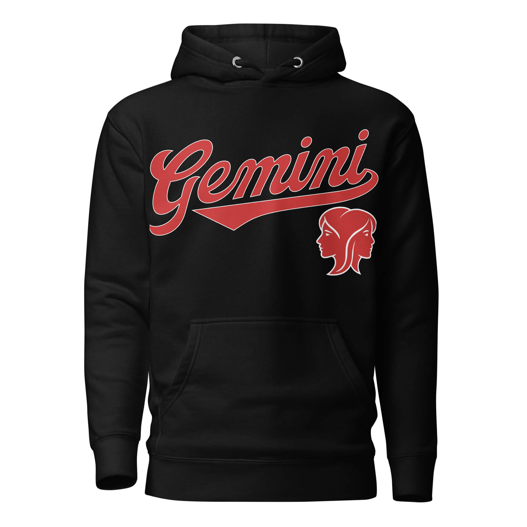 Black hoodie with 'Gemini' in red text and gemini graphic on a white background. Black Shirt / Red Ink variant.