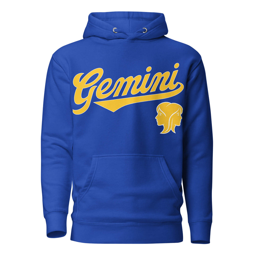 Blue hoodie with 'Gemini' in gold text and gemini graphic on a white background. Blue Shirt / Gold Ink variant.