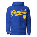 Blue hoodie with 'Gemini' in gold text and gemini graphic on a white background. Blue Shirt / Gold Ink variant.