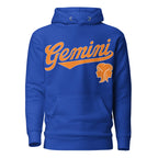 Blue hoodie with 'Gemini' in orange text and gemini graphic on a white background. Blue Shirt / Orange Ink variant.