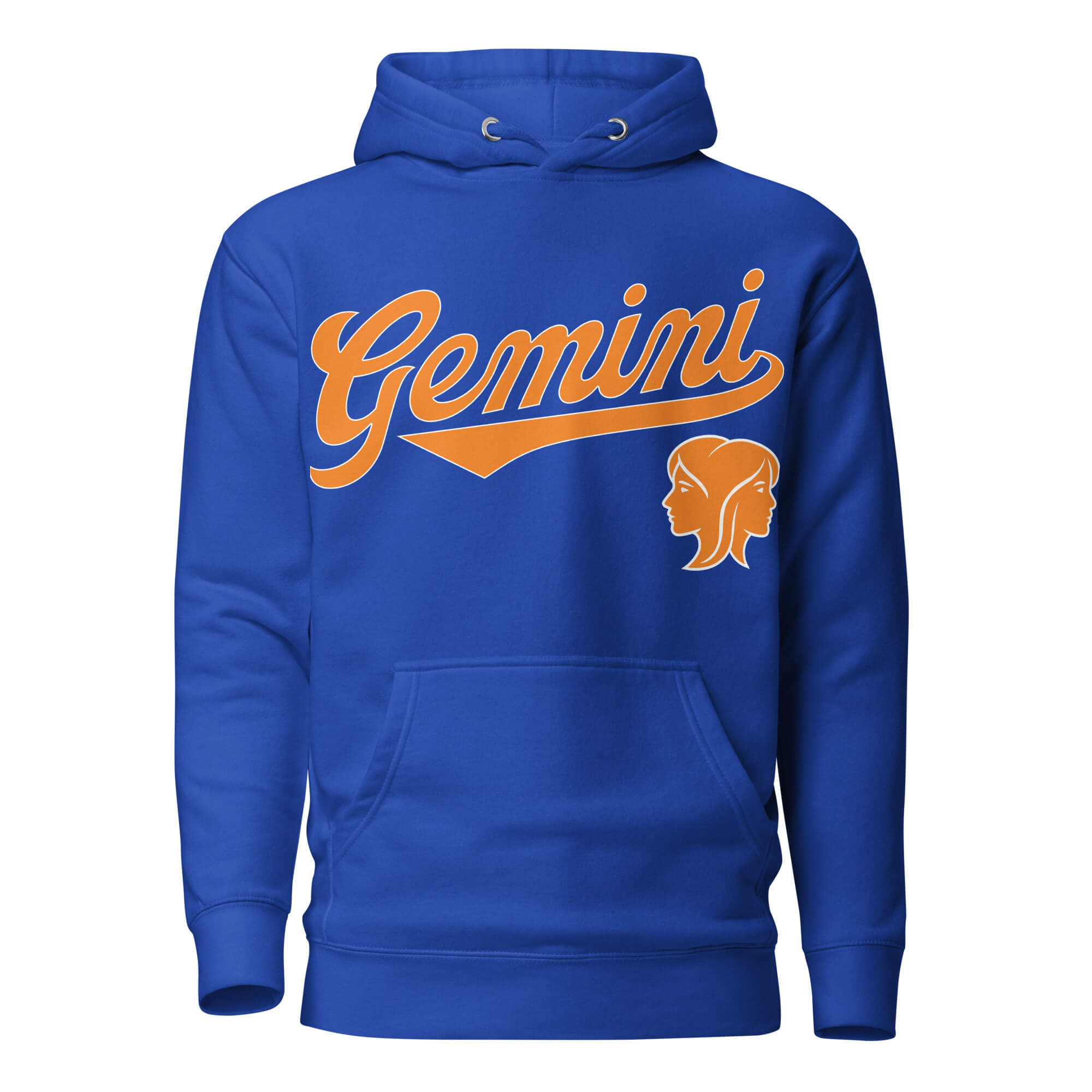 Blue hoodie with 'Gemini' in orange text and gemini graphic on a white background. Blue Shirt / Orange Ink variant.