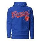Blue hoodie with 'Gemini' in red text and gemini graphic on a white background. Blue Shirt / Red Ink variant.