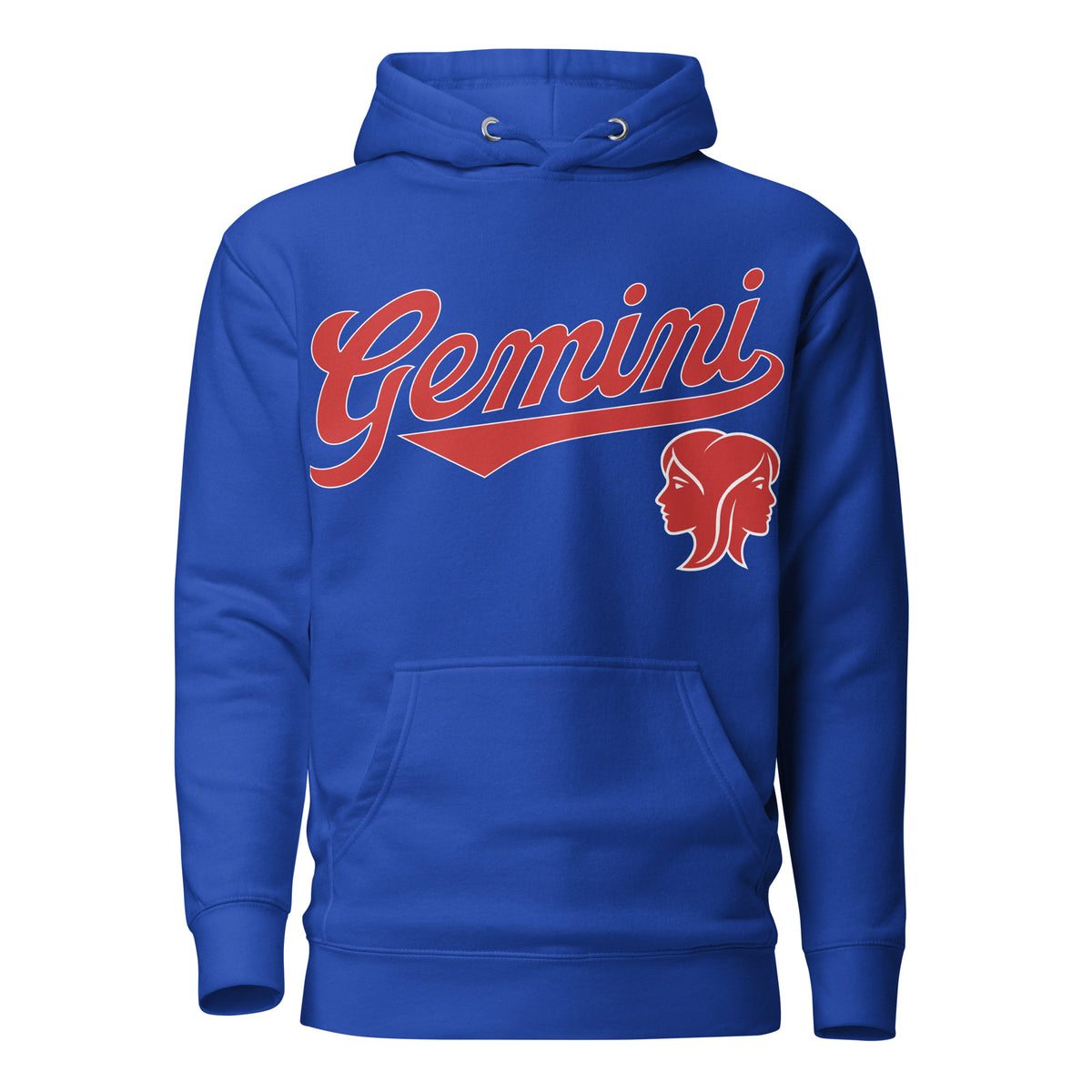 Blue hoodie with 'Gemini' in red text and gemini graphic on a white background. Blue Shirt / Red Ink variant.