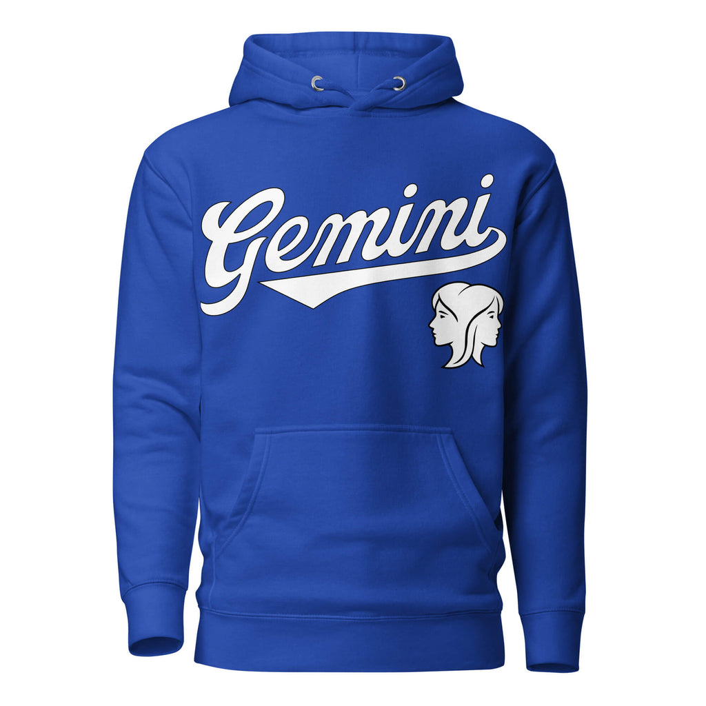 Blue hoodie with 'Gemini' in white text and gemini graphic on a white background. Blue Shirt / White Ink variant.