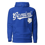 Blue hoodie with 'Gemini' in white text and gemini graphic on a white background. Blue Shirt / White Ink variant.