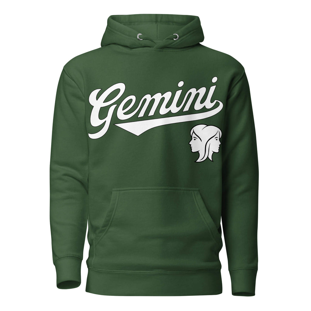 Green hoodie with 'Gemini' in white text and gemini graphic on a white background. Green Shirt / White Ink variant.