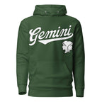 Green hoodie with 'Gemini' in white text and gemini graphic on a white background. Green Shirt / White Ink variant.