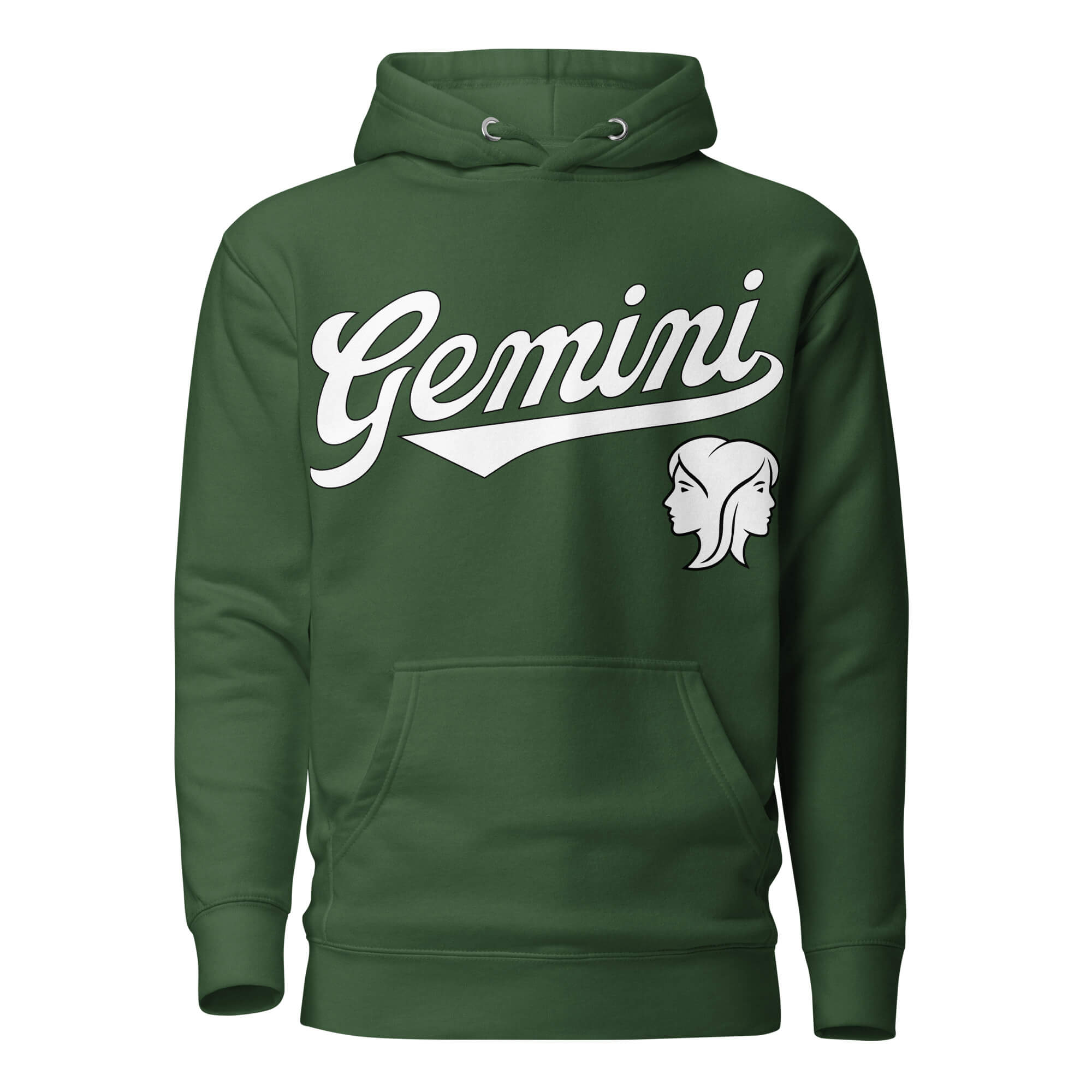Green hoodie with 'Gemini' in white text and gemini graphic on a white background. Green Shirt / White Ink variant.