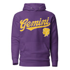 Purple hoodie with 'Gemini' in gold text and gemini graphic on a white background. Purple Shirt / Gold Ink variant.
