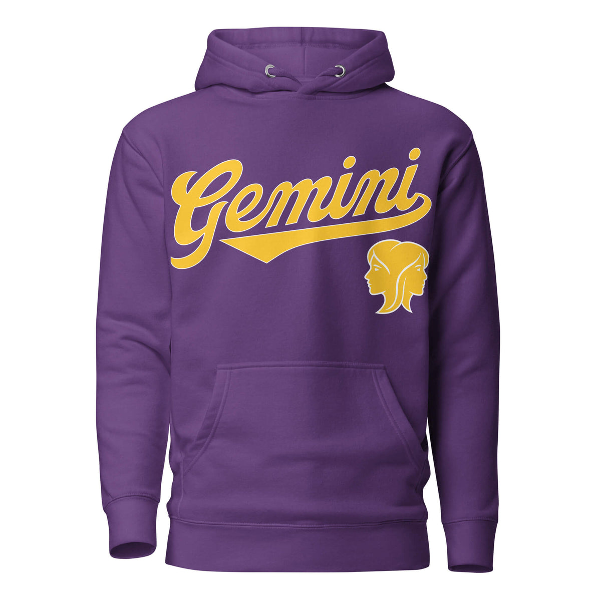Purple hoodie with 'Gemini' in gold text and gemini graphic on a white background. Purple Shirt / Gold Ink variant.