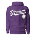 Purple hoodie with 'Gemini' in white text and gemini graphic on a white background. Purple Shirt / White Ink variant.