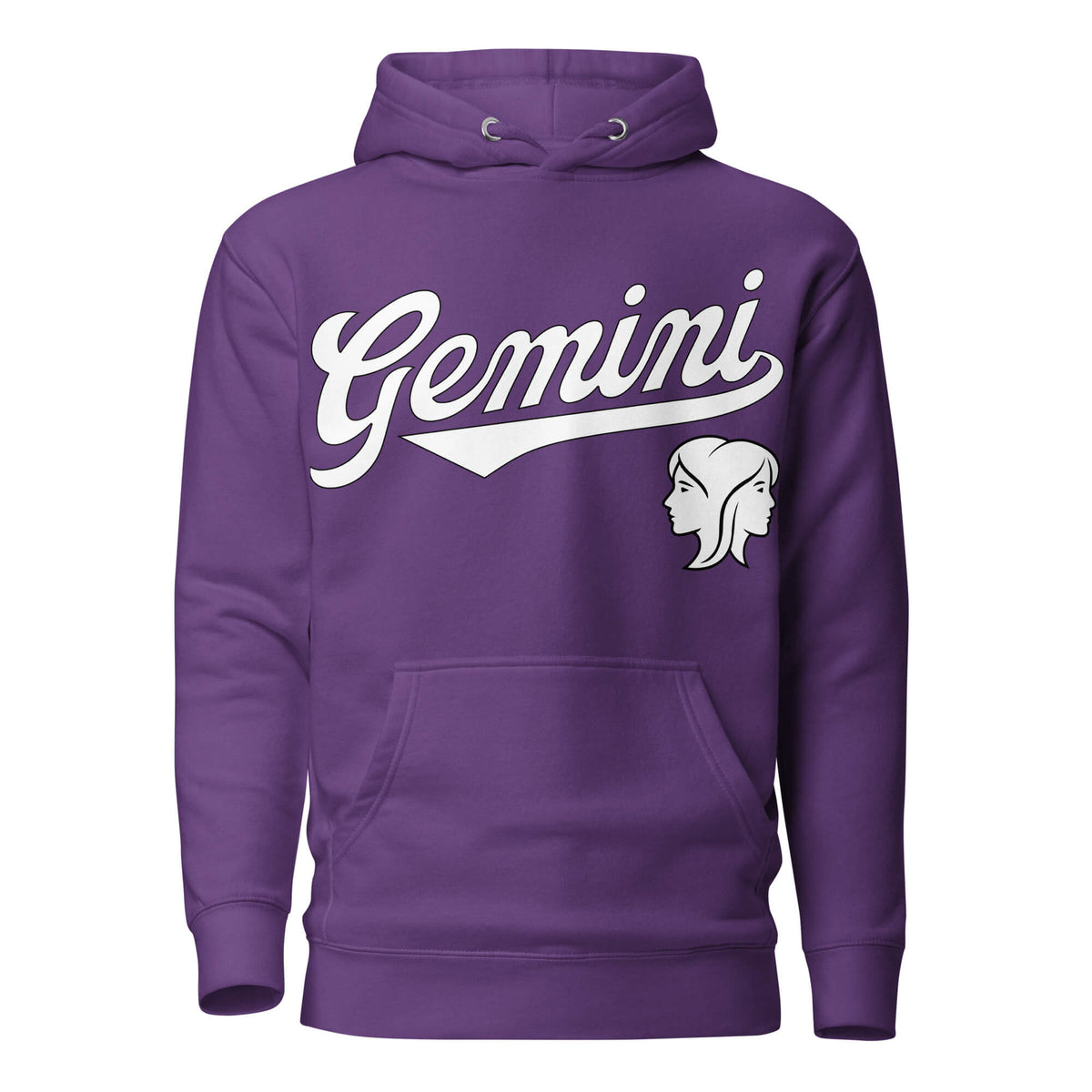 Purple hoodie with 'Gemini' in white text and gemini graphic on a white background. Purple Shirt / White Ink variant.
