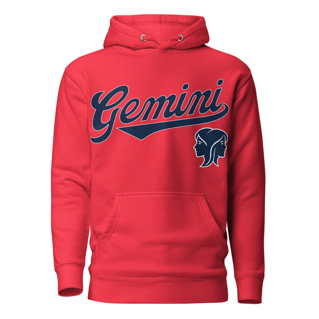 Red hoodie with 'Gemini' in blue text and gemini graphic on a white background. Red Shirt / Blue Ink variant.