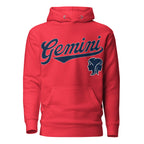 Red hoodie with 'Gemini' in blue text and gemini graphic on a white background. Red Shirt / Blue Ink variant.