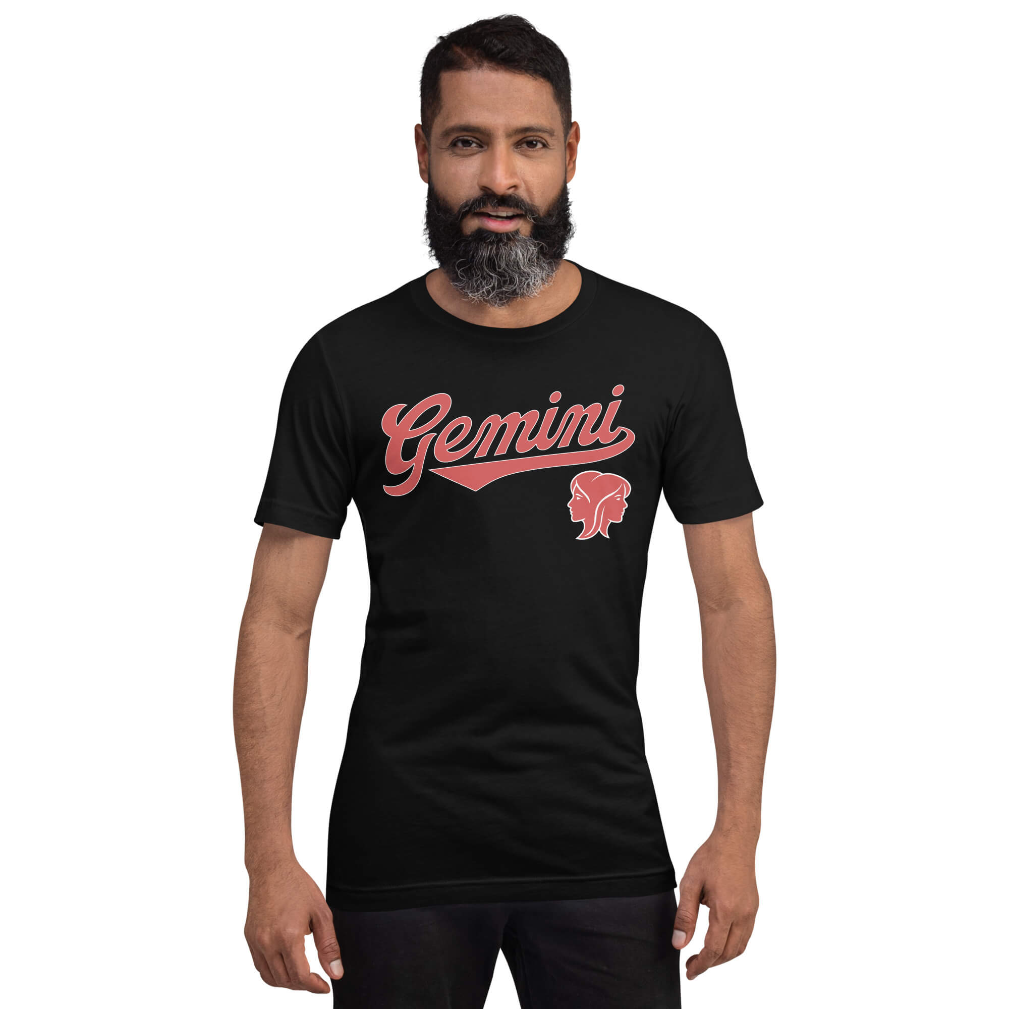 A man with a beard modeling a black short-sleeve t-shirt with a red 'Gemini' graphic and a red Gemini zodiac symbol on the chest, set against a plain white background.