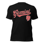 Gemini zodiac sports graphic t-shirt, black with red ink, unisex athletic astrology apparel, front flat lay