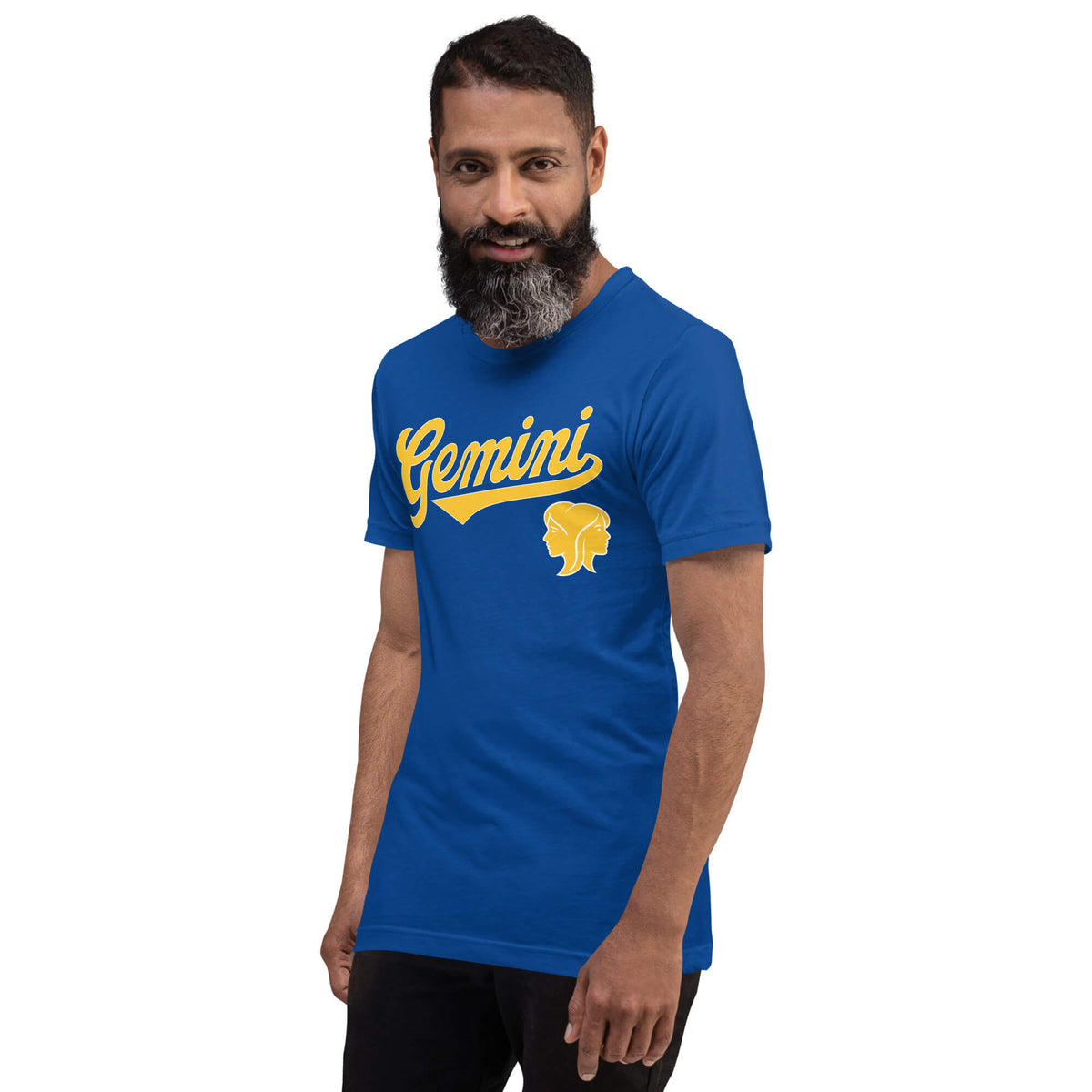 A man wearing a royal blue crewneck t-shirt with 'Gemini' printed on the chest, set against a plain white background.