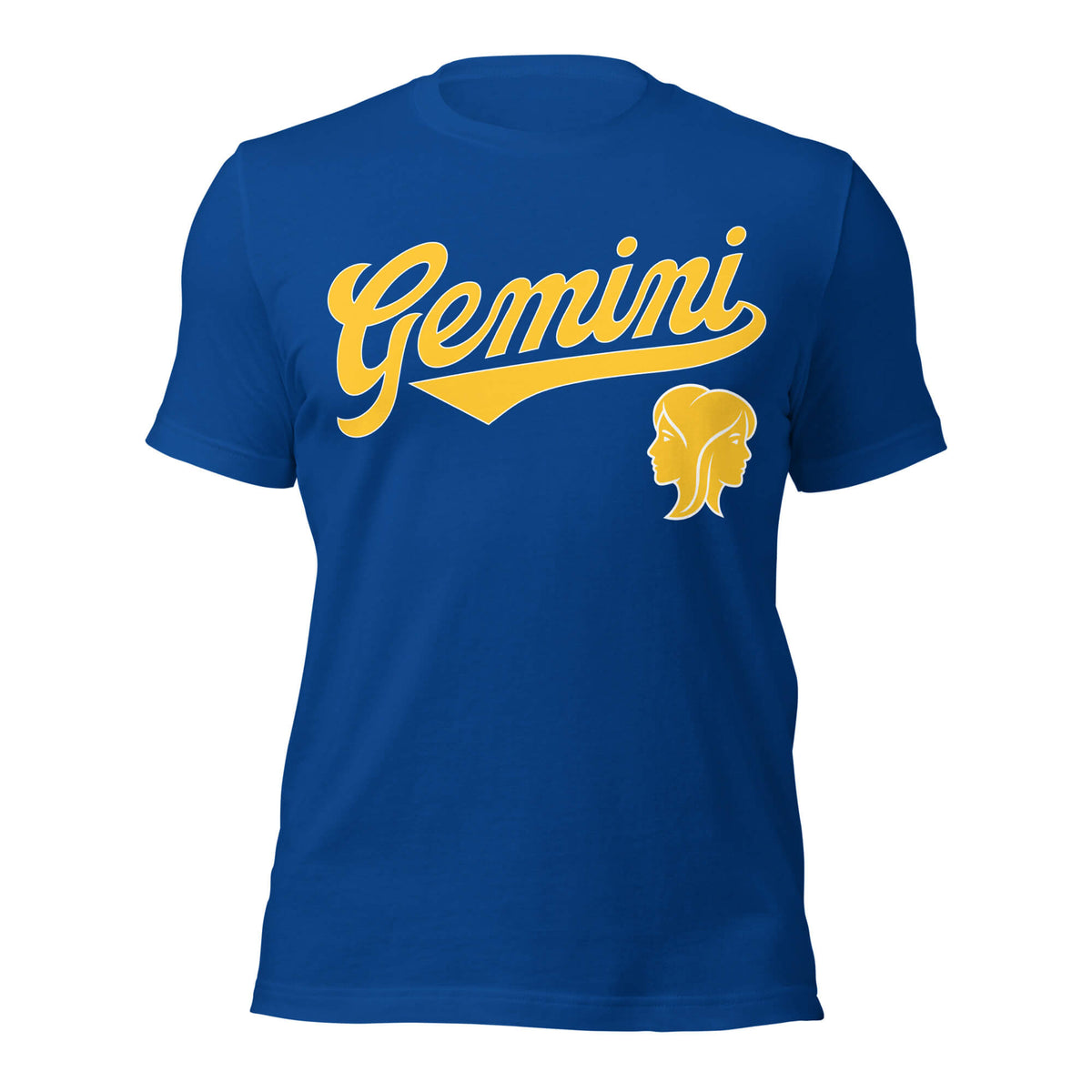 Gemini zodiac sports graphic t-shirt, blue with gold ink, unisex athletic astrology apparel, front flat lay