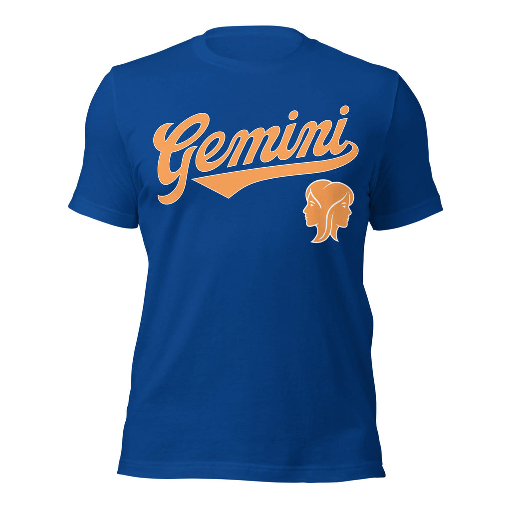 Gemini zodiac sports graphic t-shirt, blue with orange ink, unisex athletic astrology apparel, front flat lay