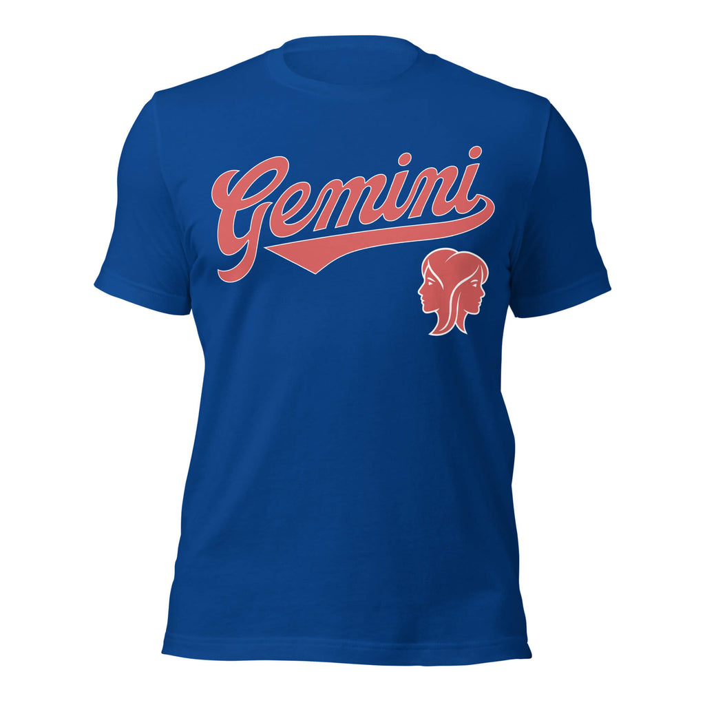 Gemini zodiac sports graphic t-shirt, blue with red ink, unisex athletic astrology apparel, front flat lay