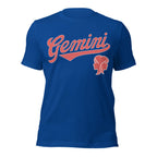 Gemini zodiac sports graphic t-shirt, blue with red ink, unisex athletic astrology apparel, front flat lay