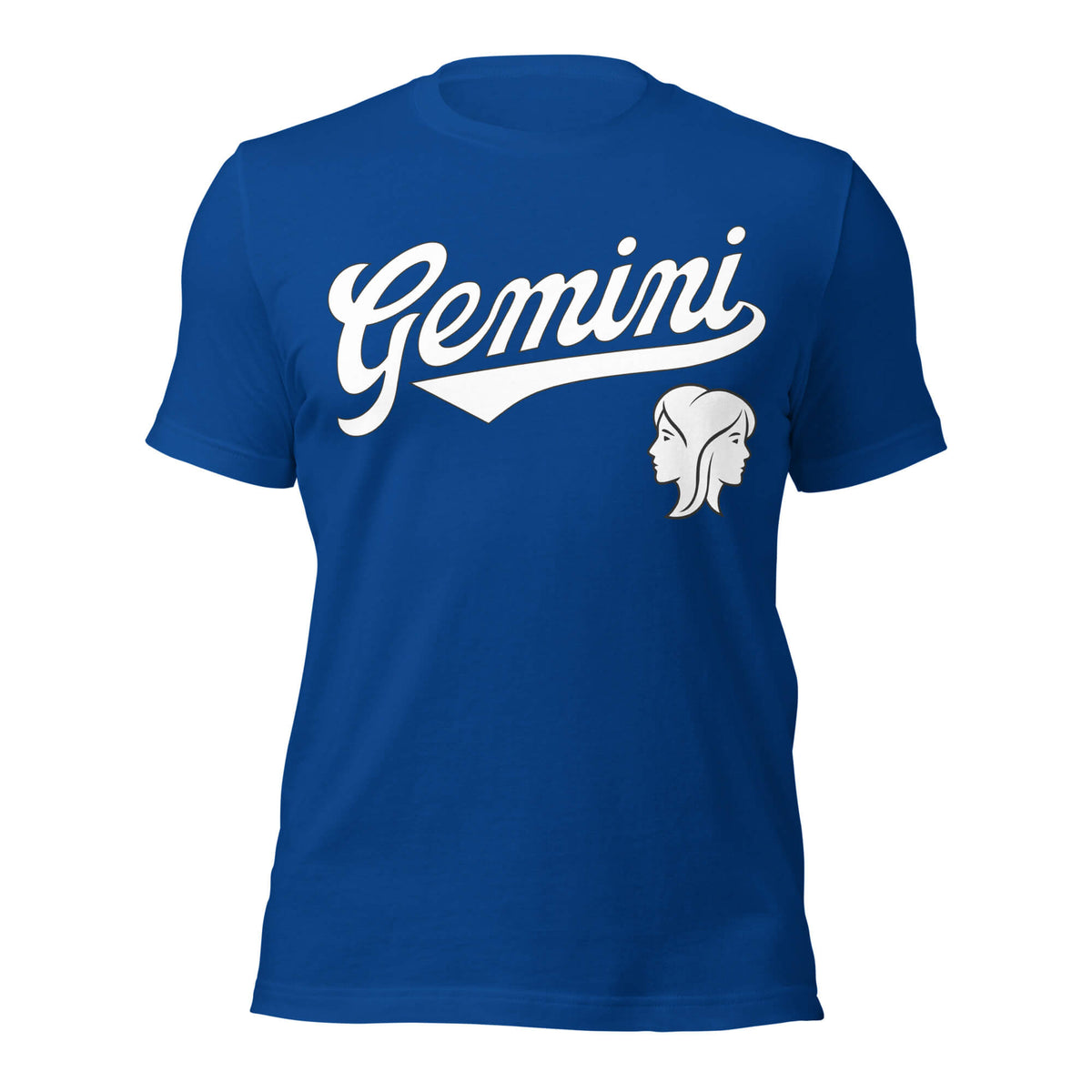 Gemini zodiac sports graphic t-shirt, blue with white ink, unisex athletic astrology apparel, front flat lay