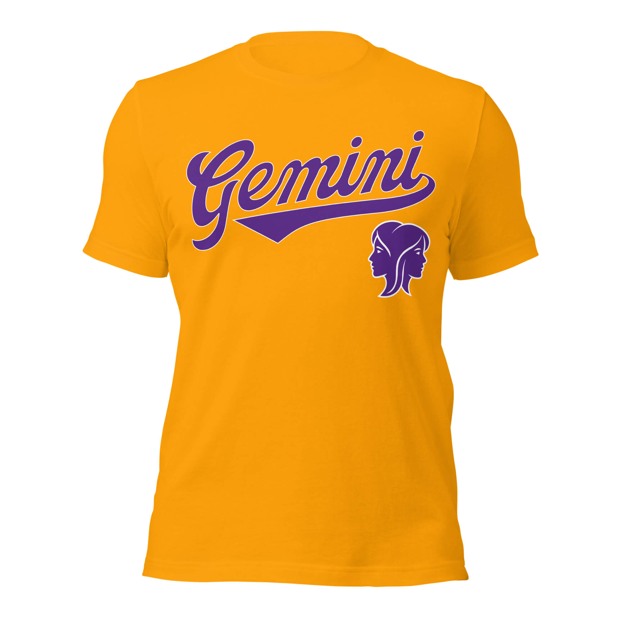 Gemini zodiac sports graphic t-shirt, gold with purple ink, unisex athletic astrology apparel, front flat lay