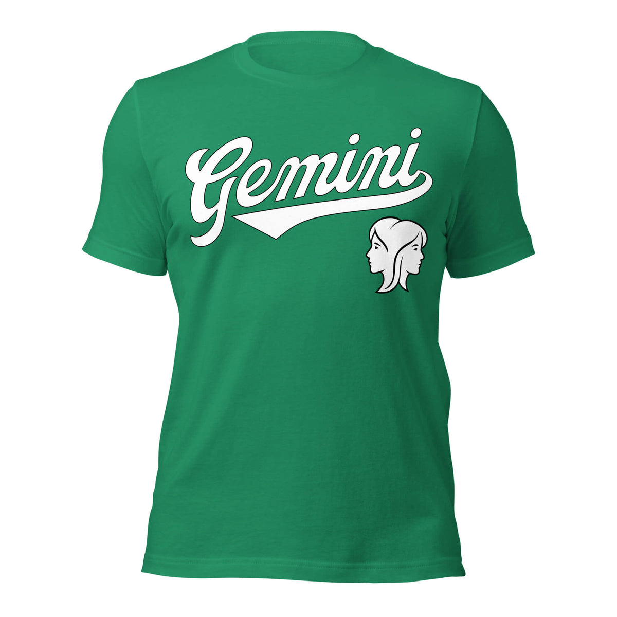 Gemini zodiac sports graphic t-shirt, green with white ink, unisex athletic astrology apparel, front flat lay